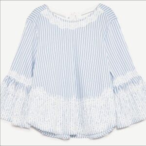 ZARA Woman Blue White Lace Bell Sleeve Open Back Tie Top, SIze S
